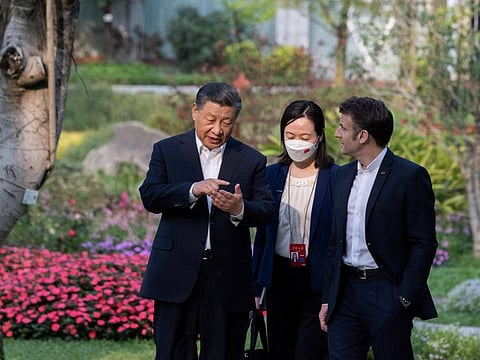 Chinese President Xi Jinping and France's President Emmanuel Macron meet at the Guandong province governor's residence, in Guangzhou, China, Friday, April 7, 2023.  