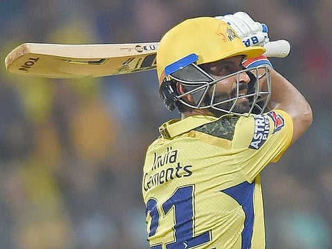 Chennai Super Kings' Ajinkya Rahane plays a shot during the IPL match against Mumbai Indians at the Wankhede Stadium in Mumbai on April 8, 2023.  