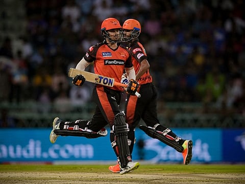 Sunrisers Hyderabad's Abdul Samad (left) and teammate Washington Sundar run between the wickets during the Indian Premier League match against Lucknow Super Giants at the Ekana Cricket Stadium in Lucknow.