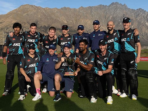 New Zealand's players pose for a team photo after their T20 series win over Sri Lanka at John Davies Oval in Queenstown.