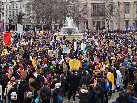 Striking junior doctors, civil servants and teachers attend a rally at Trafalgar Square in London, on March 15, 2023.  