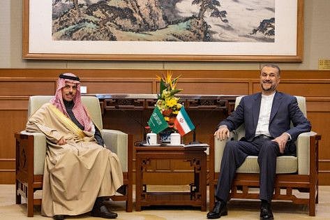 Saudi Foreign Affairs Minister Prince Faisal bin Farhan (left) and Iran's Foreign Minister Hossein Amir-Abdollahian met in Beijing on April 6, 2023. 