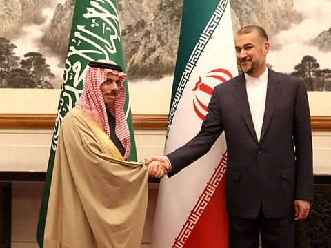 Iranian Foreign Minister Hossein Amir-Abdollahian meets with Saudi Arabia's Foreign Minister Prince Faisal bin Farhan Al Saud in Beijing, China, April 6, 2023. 