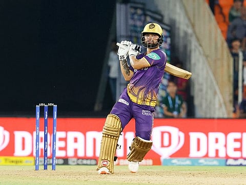 Rinku Singh of Kolkata Knight Riders lashes a six in the Tata Indian Premier League match against the Gujarat Titans at the Narendra Modi Stadium in Ahmedabad on April 9, 2023. Rinku’s five sixes in a row in the final over gave KKR an improbable win. 