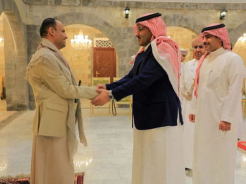  Saudi ambassador to Yemen Mohammad Al Jaber with the head of the Houthi Supreme Political Council, Mahdi Al Mashatat the Republican Palace in Sana'a.