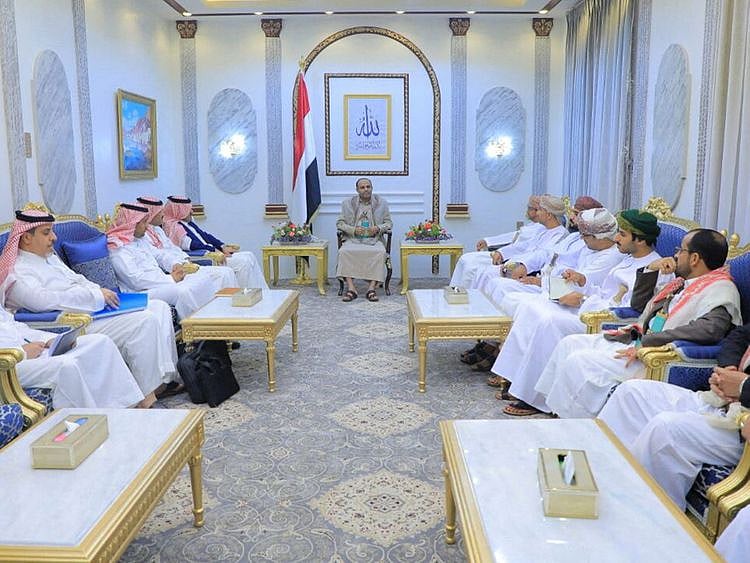 Head of the Houthi Supreme Political Council, Mahdi Al Mashat meets with Saudi and Omani delegations at the Republican Palace in Sana'a, Yemen.