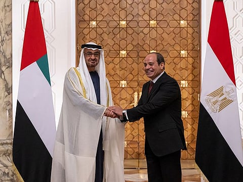 UAE President His Highness Sheikh Mohamed bin Zayed Al Nahyan and Abdel Fattah Al Sisi, President of Egypt, stand for a photograph during an official reception at Heliopolis Palace.