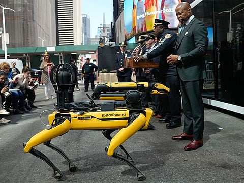 NYC Mayor Eric Adams shows off Digidog, an RC K-9 robot for use in assessing hazardous situations.