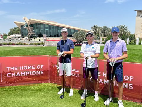 The threeball of (right to left) Thomas Nesbitt, Adrian Larsson and Dominic Morton prior to starting their second round on the National Course at Abu Dhabi Golf Club.