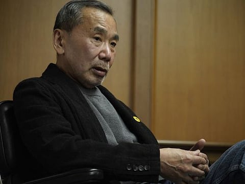 In this photo released by Shinchosha, Haruki Murakami speaks on March 17, 2023 at Shinchosha in Tokyo.