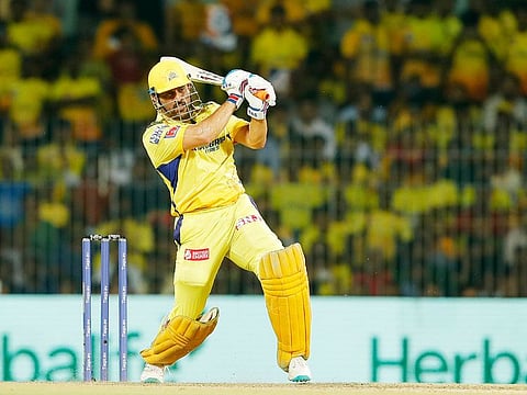 Mahendra Singh Dhoni of the Chennai Super Kings batting during the Tata Indian Premier League match against the Rajasthan Royals at the MA Chidambaram Stadium, Chennai on April 12, 2023. Dhoni narrowly failed to take the CSK to victory. 