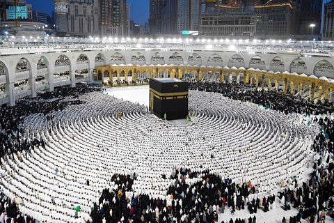 The faithful performing evening prayers at the Grand Mosque in Mecca on April 12, 2023.  
