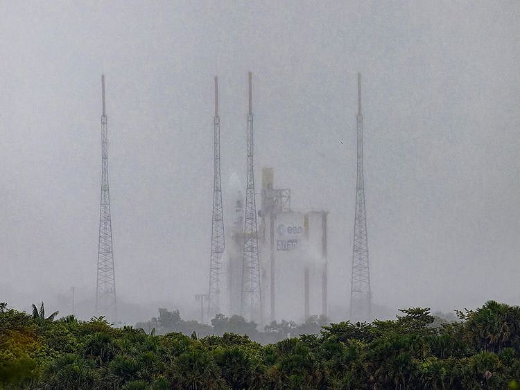 Arianespace's Ariane 5 rocket with the interplanetary spacecraft JUICE (Jupiter Icy Moons Explorer) onboard, on its launchpad at the Guiana Space Center in Kourou, French Guiana, on April 13, 2023.