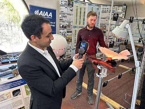 Dr. Mostafa Hassanalian (left), a mechanical engineering professor and Ph.D student, Brenden Herkenhoff, analyse a heat map on a taxidermy bird drone at New Mexico Institute of Mining and Technology in Socorro, New Mexico, US. 