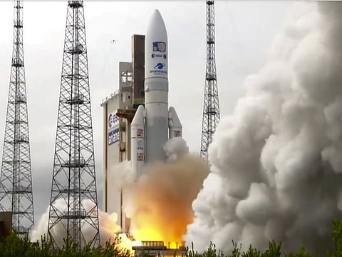 In this image provided by the European Space Agency, an Ariane rocket carrying the robotic explorer Juice takes off from Europe's Spaceport in French Guiana, on April 14, 2023.  