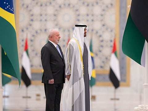 President His Highness Sheikh Mohamed bin Zayed Al Nahyan [R] received President Luiz Inácio Lula da Silva of Brazil at Qasr Al Watan