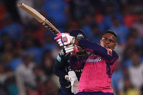 Rajasthan Royals' Shimron Hetmyer plays a shot during the Indian Premier League match against Gujarat Titans at the Narendra Modi Stadium in Ahmedabad.