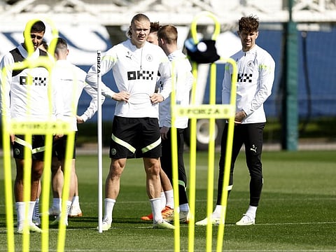 Manchester City's Erling Haaland during training at Etihad Campus, Manchester, Britain. City face Bayern Munich in the quarter-final second leg on Wednesday night.