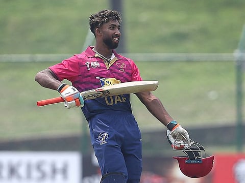 Vriitya Aravind celebrates after scoring his century against Kuwait in the ACC Premier Cup in Nepal on Wednesday.