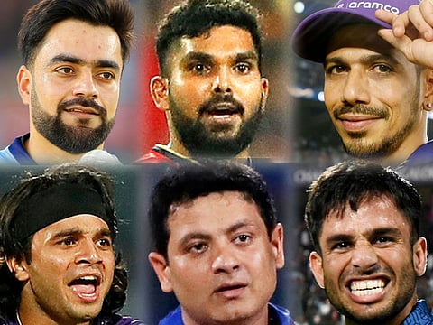 LEGGIES ALL (Clockwise from top left): Rashid Khan of the Gujarat Titans, Wanindu Hasaranga of the Royal Challengers Bangalore, Yuzvendra Chahal of the Rajasthan Royals, Ravi Bishnoi of the Lucknow Super Giants, Piyush Chawla of the Mumbai Indians and Suyash Sharma of the Kolkata Knight Riders. All of them are playing pivotal roles for their teams in IPL 2023. 