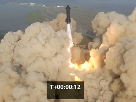 SpaceX's next-generation Starship spacecraft atop its powerful Super Heavy rocket lifts off from the company's Boca Chica launchpad on a brief uncrewed test flight near Brownsville, Texas, US, April 20, 2023 in a still image from video. 