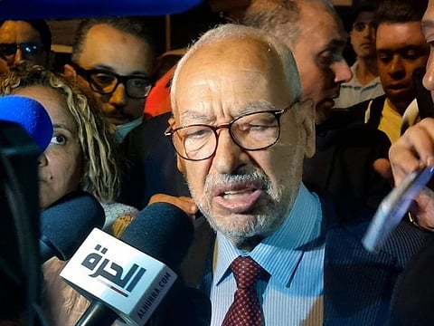 Influential Tunisian Islamist leader Rached Ghannouchi speaks to the media in a file picture. 
