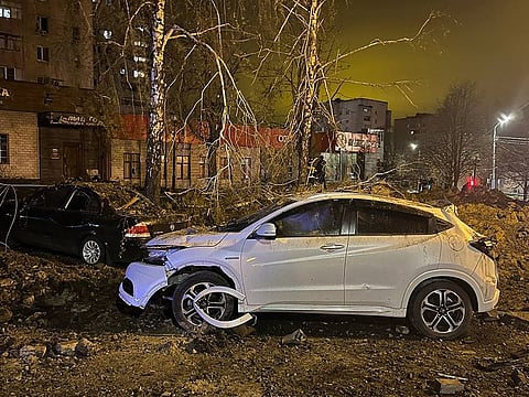 This handout picture posted on April 20, 2023 on the official Telegram account of Vyacheslav Gladkov, governor of the Belgorod region, shows damage after an explosion in the city.  