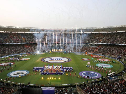 Artists perform during the closing ceremony before the final between Gujarat Titans and Rajasthan Royals at Narendra Modi Stadium last year.