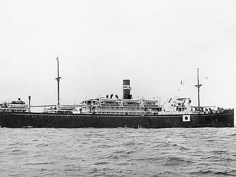 This handout photo taken in 1941 and obtained on April 22, 2023 from the Australian War Memorial shows the Japanese transport ship Montevideo Maru at sea. - Deep-sea explorers said on April 22 that they had located the wreck of a World War II Japanese transport ship, the Montevideo Maru, which was torpedoed off the Philippines killing nearly 1,000 Australians aboard. 