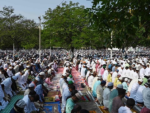 The faithful offer morning prayers on Eid at the Eidgah Jamia Masjid in Hyderabad on April 22, 2023. 