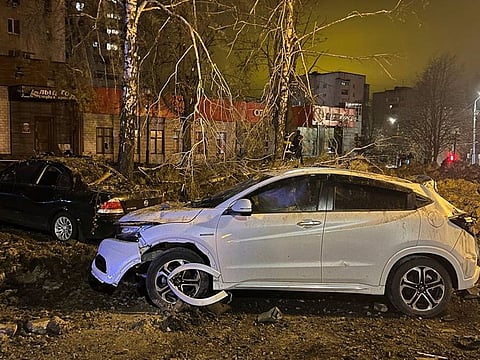 The site of the crater after an explosion in Belgorod, on April 21, 2023.  