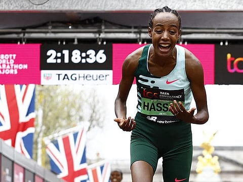 Netherlands' Sifan Hassan celebrates after winning the elite women's race in the London Marathon on Sunday.