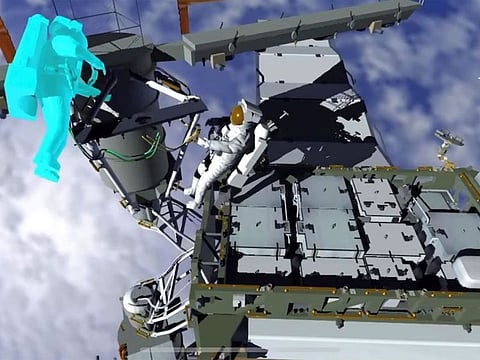 A screengrab from the animated video showing how Sultan Al Neyadi and Stephen Bowen will perform the spacewalk in the vacuum outside the International Space Station. 