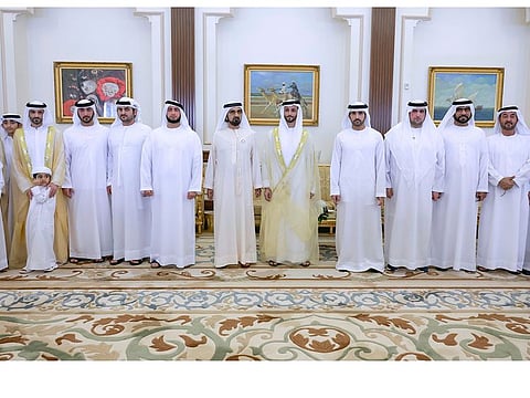 His Highness Sheikh Mohammed bin Rashid Al Maktoum (center) with the groom to his left, Sheikh Maktoum bin Majid bin Obaid Al Maktoum