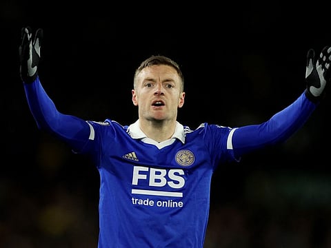 Leicester City's Jamie Vardy celebrates after scoring the equaliser against Leeds United at Elland Road on Tuesday.