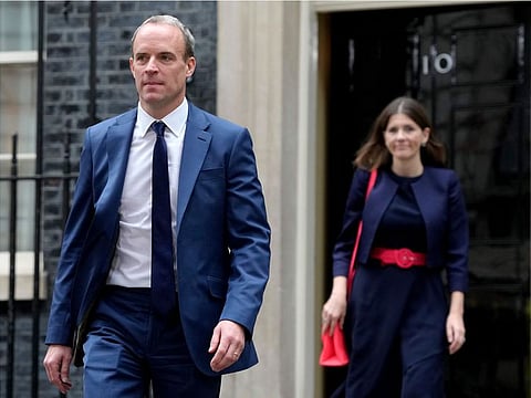 Dominic Raab leaves 10 Downing Street after a Cabinet meeting in London on October 26, 2022. UK’s Deputy PM Raab has resigned on April 21, 2023 after an independent investigation into complaints that he bullied civil servants. 