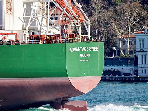 Marshall Islands-flagged oil tanker Advantage Sweet, which, according to Refinitiv ship tracking data, is a Suezmax crude tanker which had been chartered by oil major Chevron and had last docked in Kuwait, sails through Bophorus Istanbul, Turkey, February 11, 2023.  