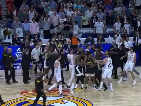 A screen grab of the brawl between Real Madrid and Partizan Belgrade in the EuroLeague basketball.