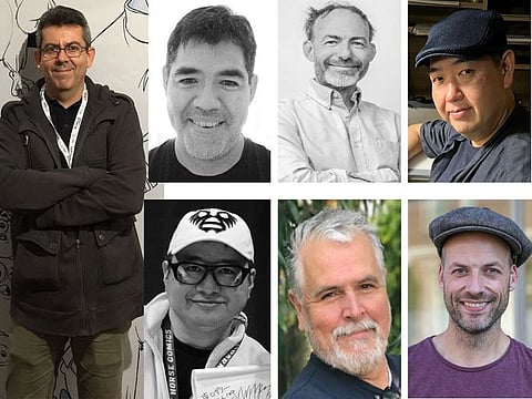 (left) Sandro Cleuzo; (top row from left) John Nevarez, Andrea Bozzetto, and Mamoru Yokota; (bottom row from left) Takahiro Yoshimatsu, Robin Linn, and Wouter Tulp