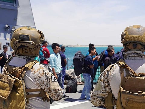Civilians of different nationalities arrive at Jeddah Sea Port, after being evacuated from Sudan to escape the conflict, April 30, 2023. 