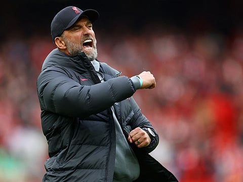Liverpool manager Juergen Klopp celebrates after winning the match against Tottenham.