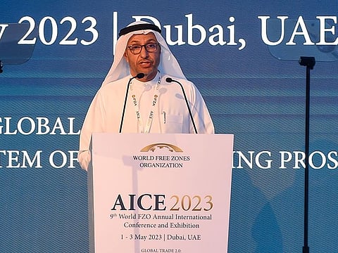 Dr. Mohammed Al Zarooni, Chairman of the World Free Zones Organisation, addresses delegates at AICE 2023 in Dubai.