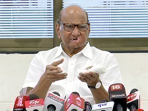 Nationalist Congress Party (NCP) chief Sharad Pawar addresses a press conference regarding the Barsu refinery project in Maharashtra, in Mumbai on Wednesday, April 26, 2023.