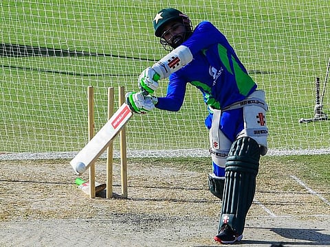 Pakistan's Mohammad Rizwan at the nets during a practice session at the National Cricket Stadium in Karachi on Tuesday.