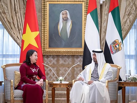 President His Highness Sheikh Mohamed bin Zayed Al Nahyan (right) with Vo Thi Anh Xuan, Vice President of Vietnam at Qasr Al Watan in Abu Dhabi on Wednesday