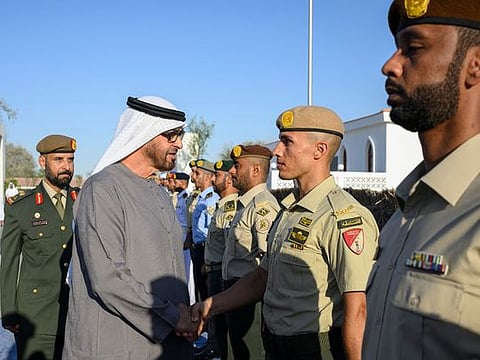  His Highness Sheikh Mohamed bin Zayed Al Nahyan, President of the UAE and Supreme Commander of the Armed Forces, at the celebration of 47th anniversary of unification of the Armed Forces, in Abu Dhabi on Friday