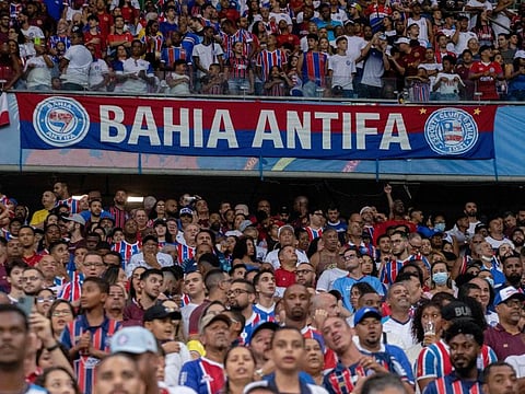Supporters of Bahia cheer for their teamat the Arena Fonte Nova stadium in Salvado.