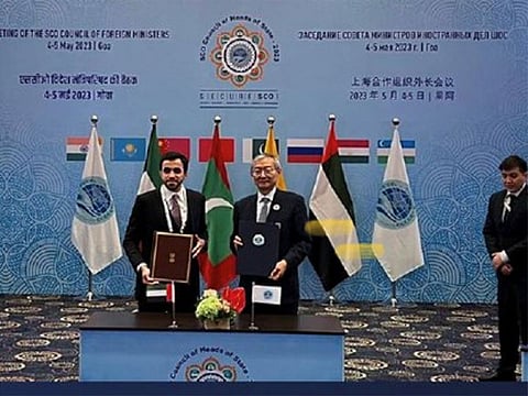 Dr. Abdulnasser Alshaali, UAE Ambassador to India, signed the Memorandum of Understanding (MoU) concerning its accession to the SCO as a Dialogue Partner with Zhang Ming, Secretary General of the Shanghai Cooperation Organisation.