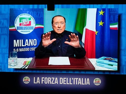 Silvio Berlusconi gestures as he talks in his video address during a Forza Italia party convention in Milan, on Saturday, May 6, 2023. 