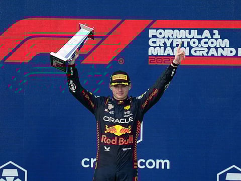Red Bull's Max Verstappen on the podium after winning the Formula One Miami Grand Prix.
